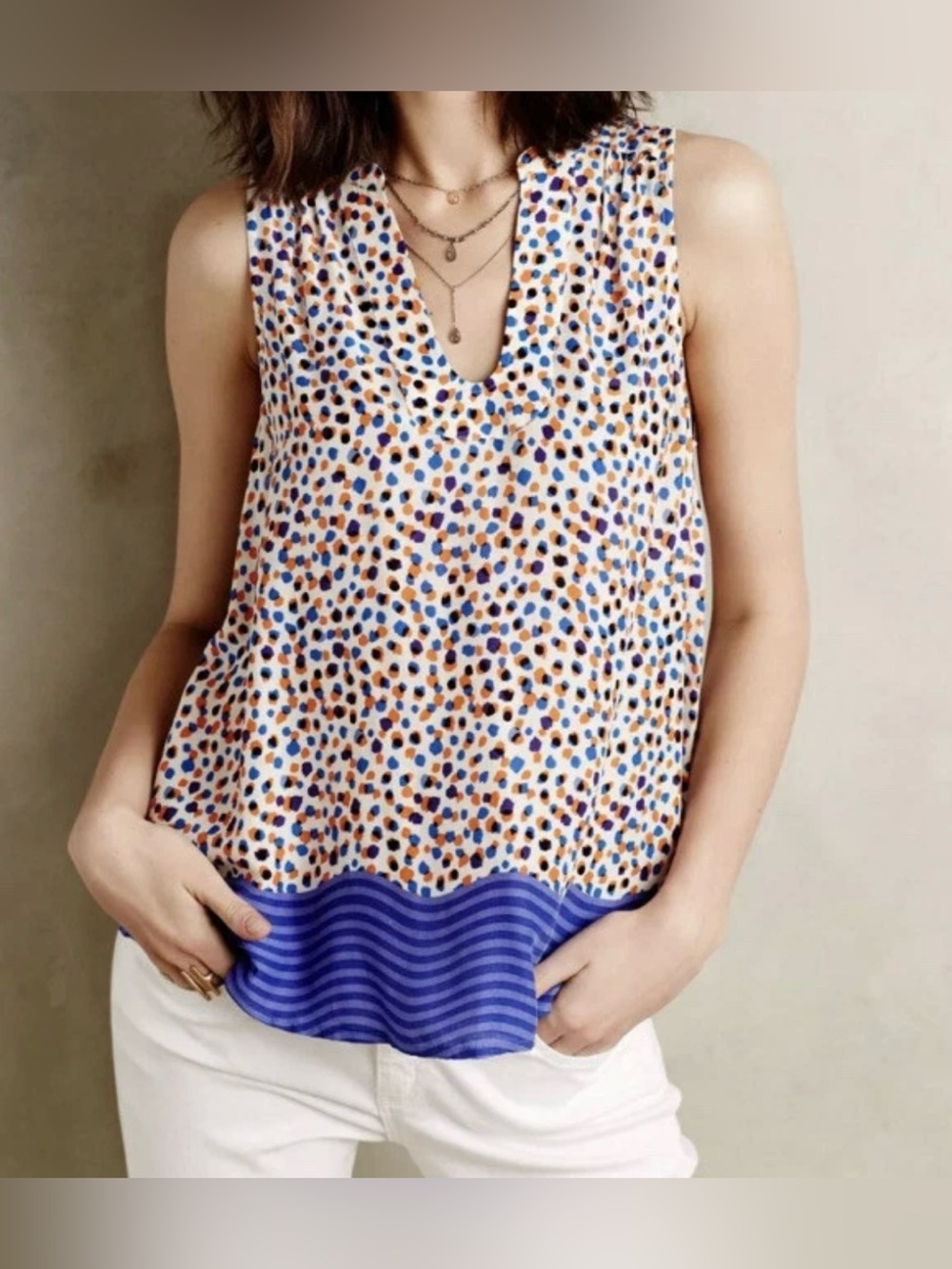 Maeve by Anthropologie Cream with Blue and Orange Sleeveless Blouse - Size 0